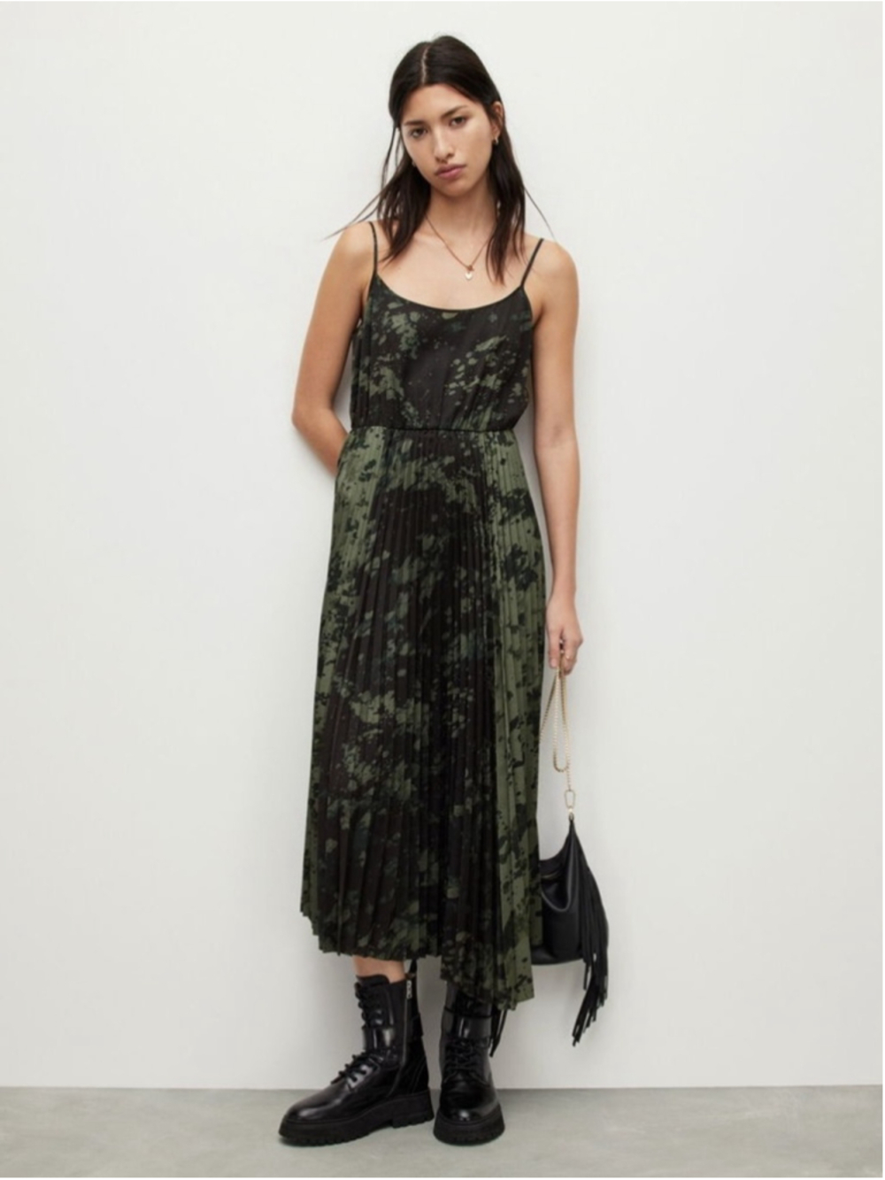 Allsaints Leowa Gia Slip Midi Dress Pleated Floral Camo Print Size M